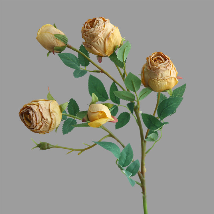 Five-Headed Burnt Edge Rose Vintage Artificial Flower Silk Flower Imitation Dried Flower