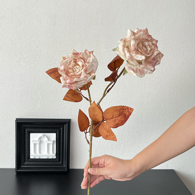 Vintage Melad Color Imitation Dry Ink Splatter 2-Head Rose Artificial Flower Bouquet