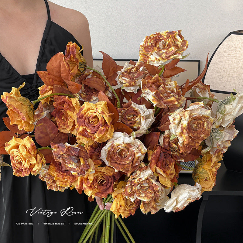 Vintage Melad Color Imitation Dry Ink Splatter 2-Head Rose Artificial Flower Bouquet