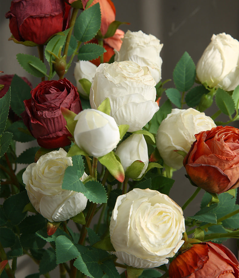 Five-Headed Burnt Edge Rose Vintage Artificial Flower Silk Flower Imitation Dried Flower