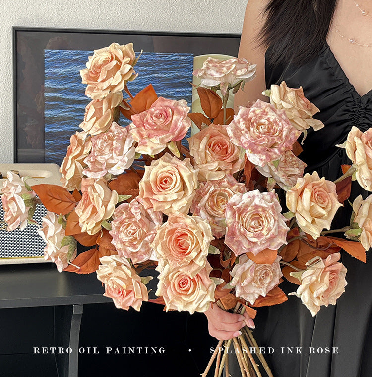 Vintage Melad Color Imitation Dry Ink Splatter 2-Head Rose Artificial Flower Bouquet