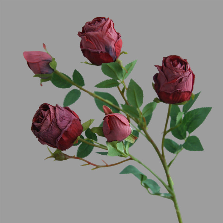 Five-Headed Burnt Edge Rose Vintage Artificial Flower Silk Flower Imitation Dried Flower