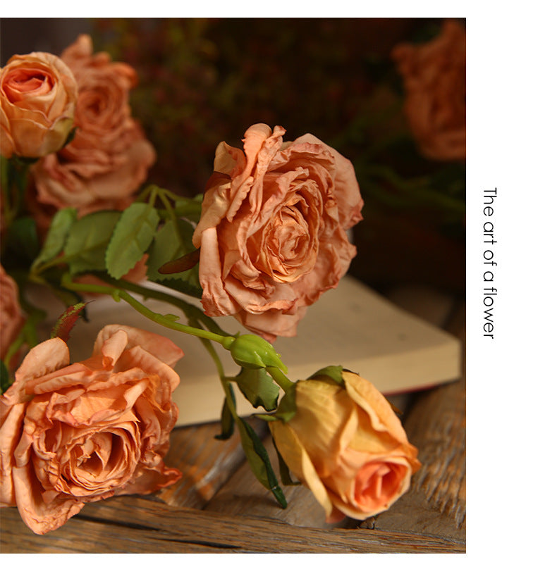 French Oil Painting Burnt Edge Artificial Rose Flower Vintage Room Dining Table Decoration