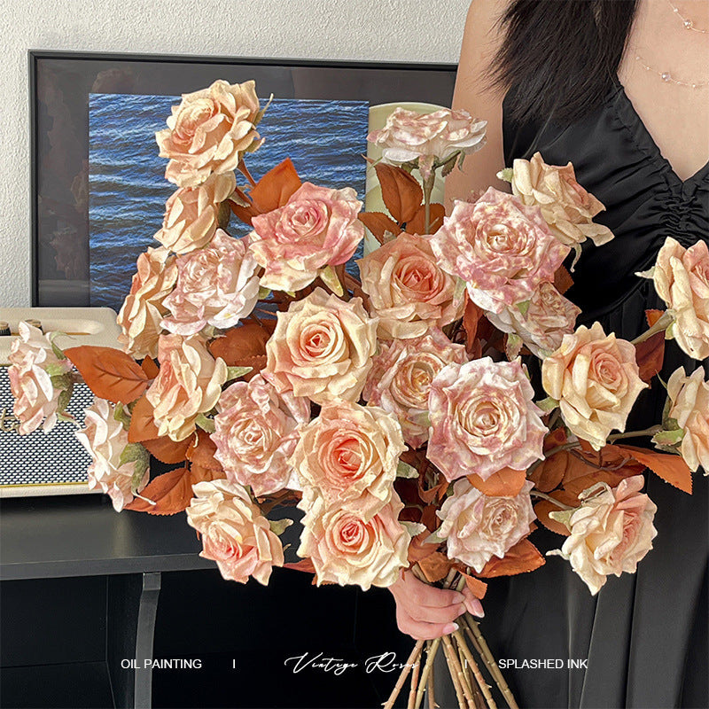Vintage Melad Color Imitation Dry Ink Splatter 2-Head Rose Artificial Flower Bouquet
