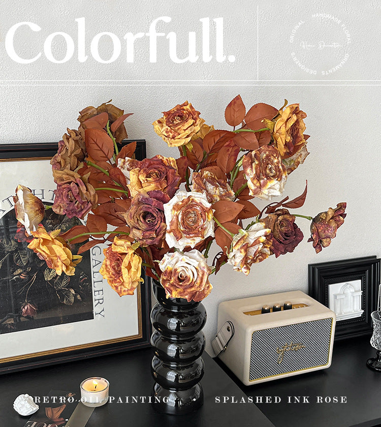 Vintage Melad Color Imitation Dry Ink Splatter 2-Head Rose Artificial Flower Bouquet