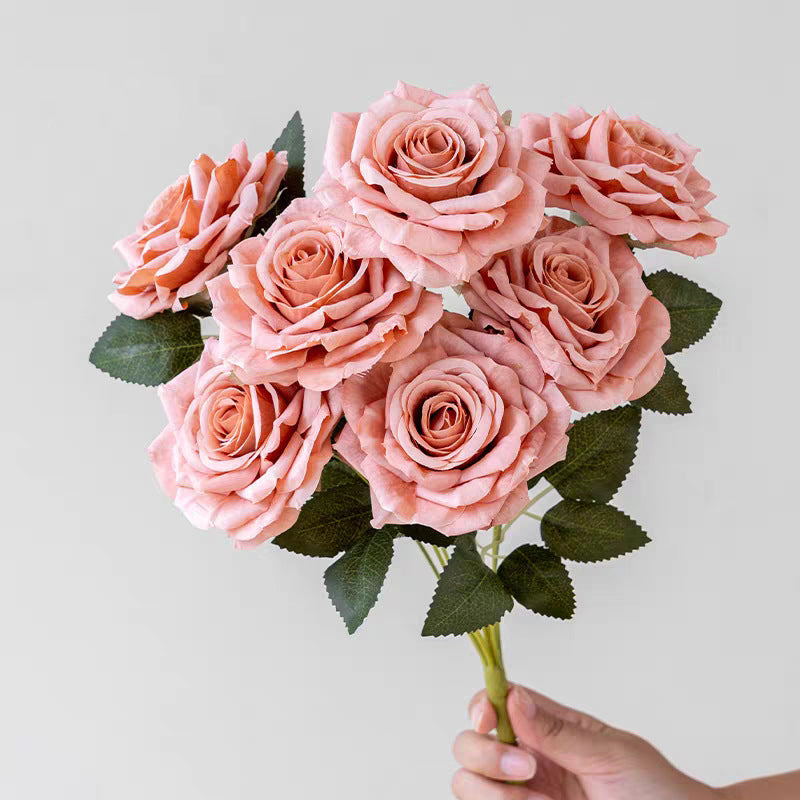7-Head Cappuccino Silk Flower Artificial Rose Bouquet