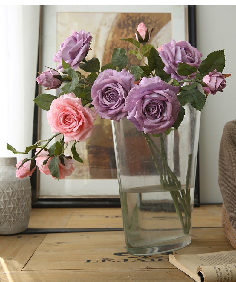 Artificial Flowers American Style 3-Head Printed Rose Home Decoration Fake Flower