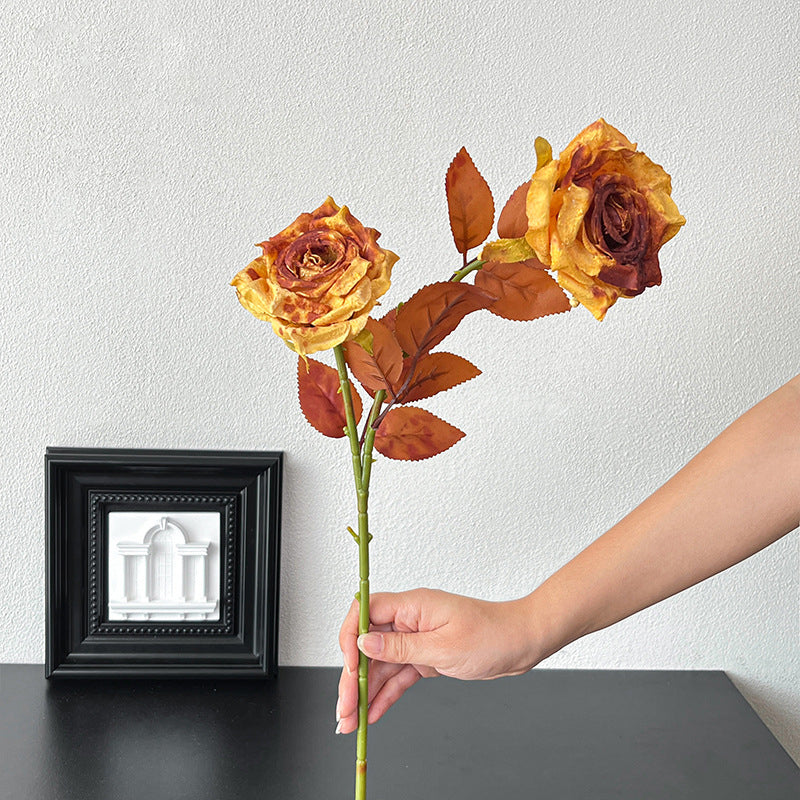 Vintage Melad Color Imitation Dry Ink Splatter 2-Head Rose Artificial Flower Bouquet