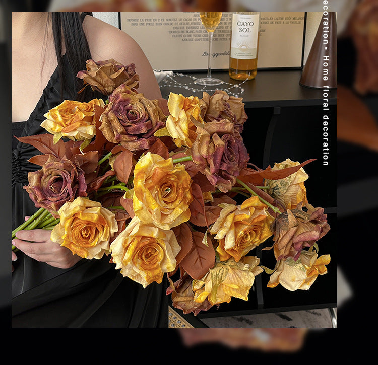 Vintage Melad Color Imitation Dry Ink Splatter 2-Head Rose Artificial Flower Bouquet