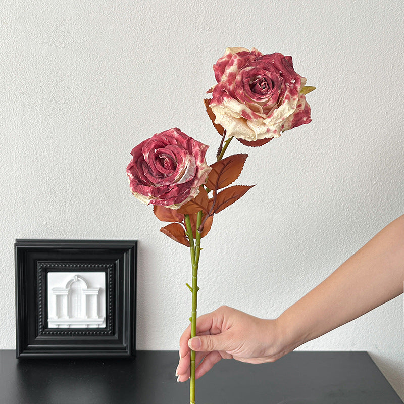Vintage Melad Color Imitation Dry Ink Splatter 2-Head Rose Artificial Flower Bouquet