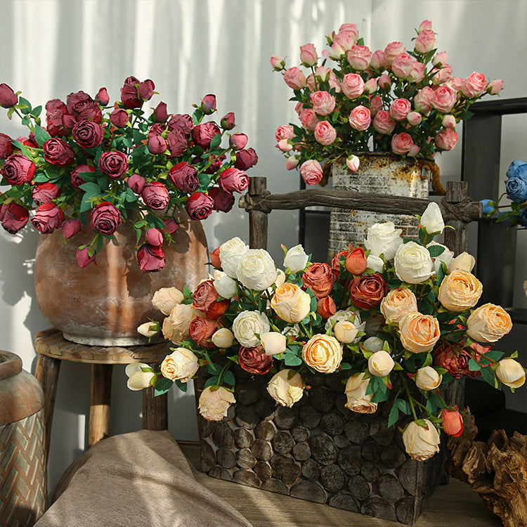 Five-Headed Burnt Edge Rose Vintage Artificial Flower Silk Flower Imitation Dried Flower