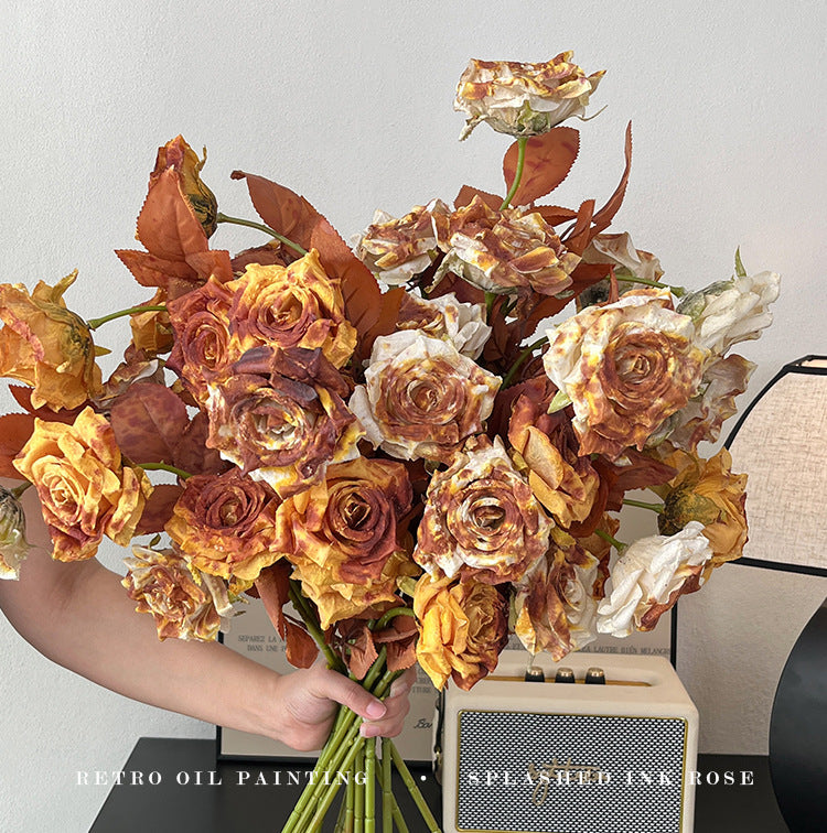 Vintage Melad Color Imitation Dry Ink Splatter 2-Head Rose Artificial Flower Bouquet