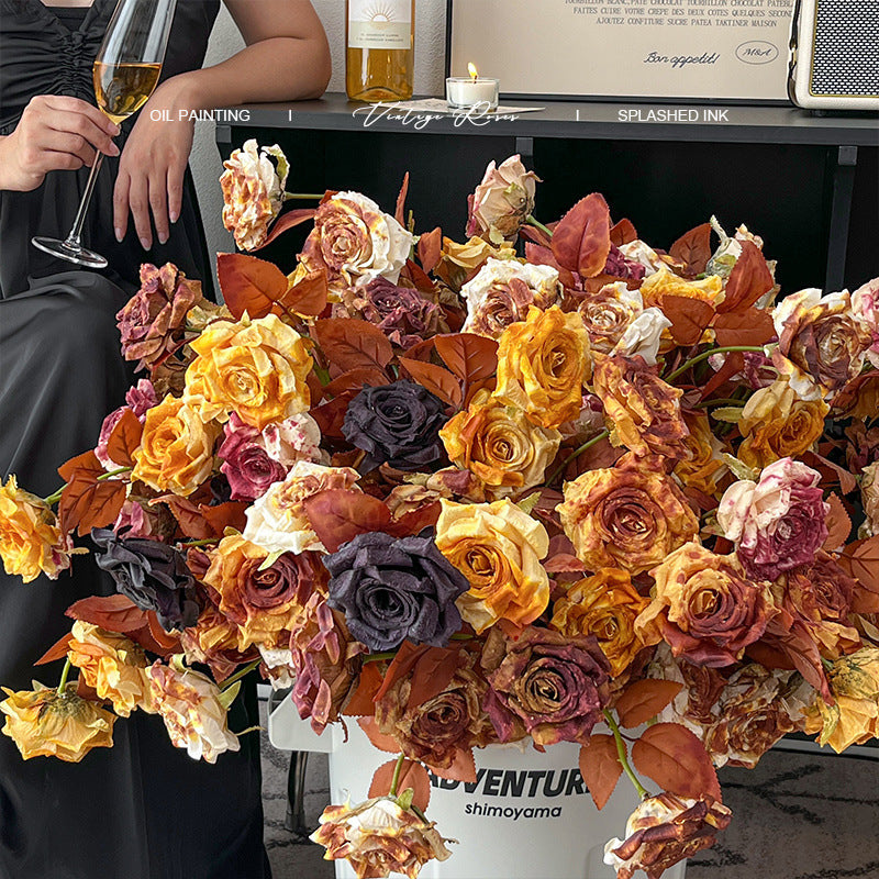 Vintage Melad Color Imitation Dry Ink Splatter 2-Head Rose Artificial Flower Bouquet