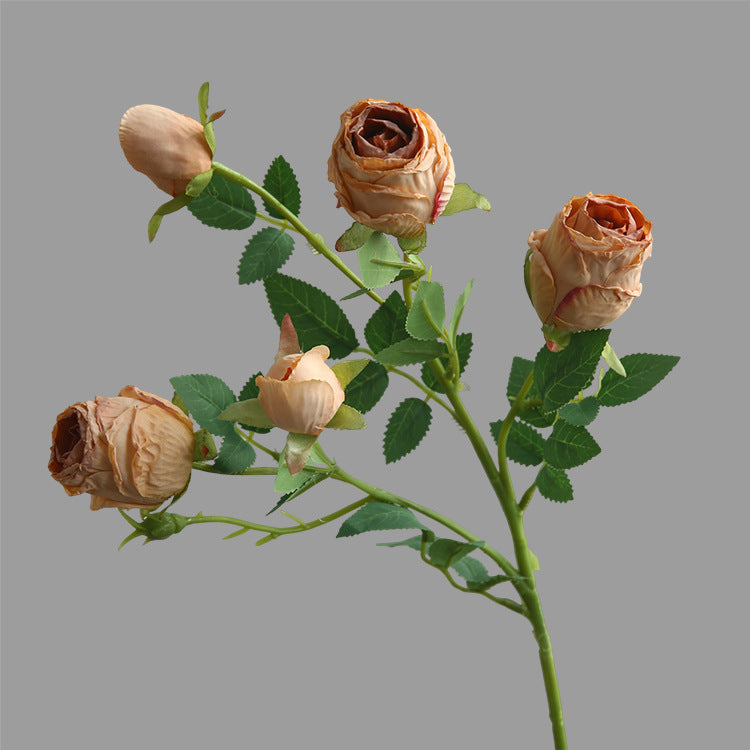 Five-Headed Burnt Edge Rose Vintage Artificial Flower Silk Flower Imitation Dried Flower