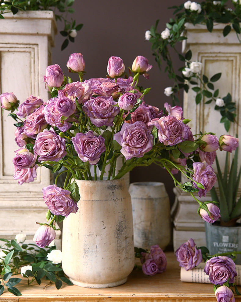 French Oil Painting Burnt Edge Artificial Rose Flower Vintage Room Dining Table Decoration