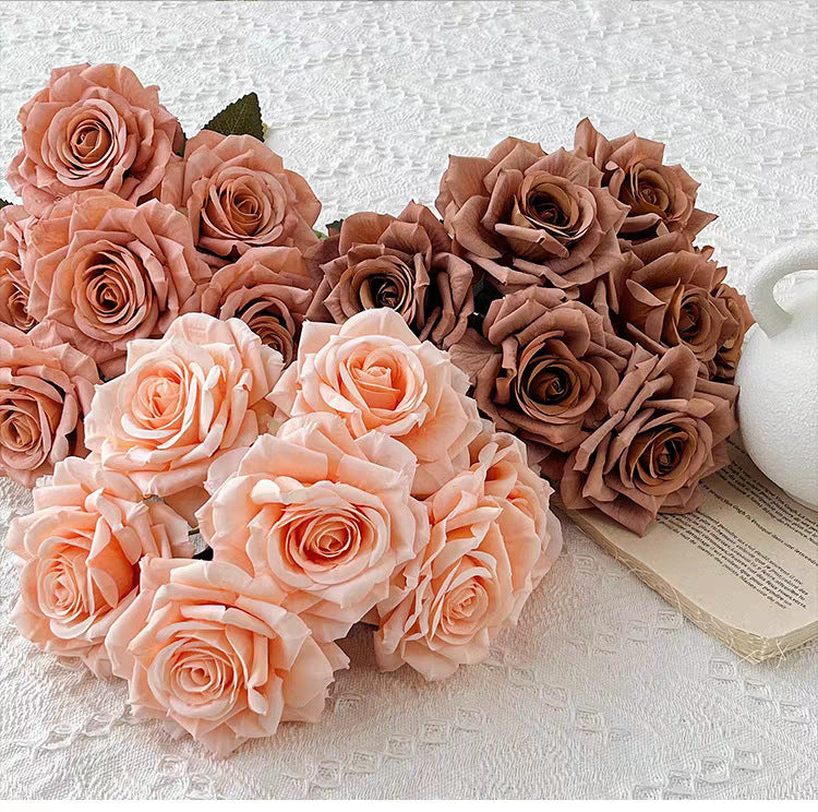 7-Head Cappuccino Silk Flower Artificial Rose Bouquet