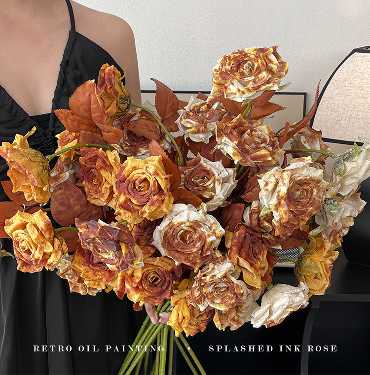 Vintage Melad Color Imitation Dry Ink Splatter 2-Head Rose Artificial Flower Bouquet