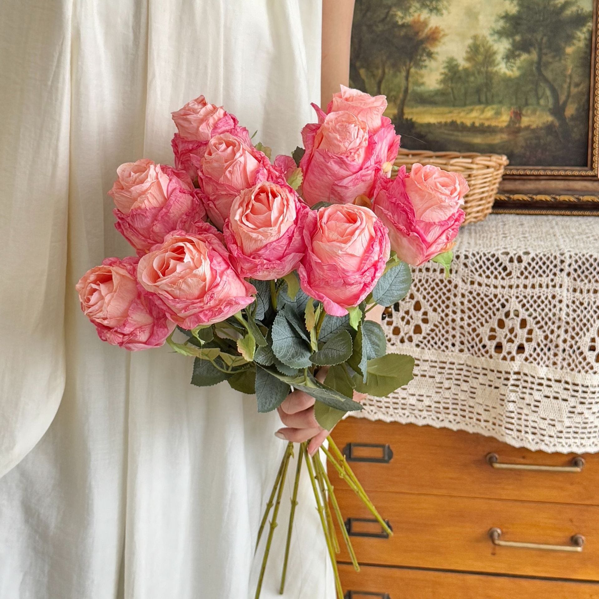 Simulated Burnt Edge Rose Vintage Rose