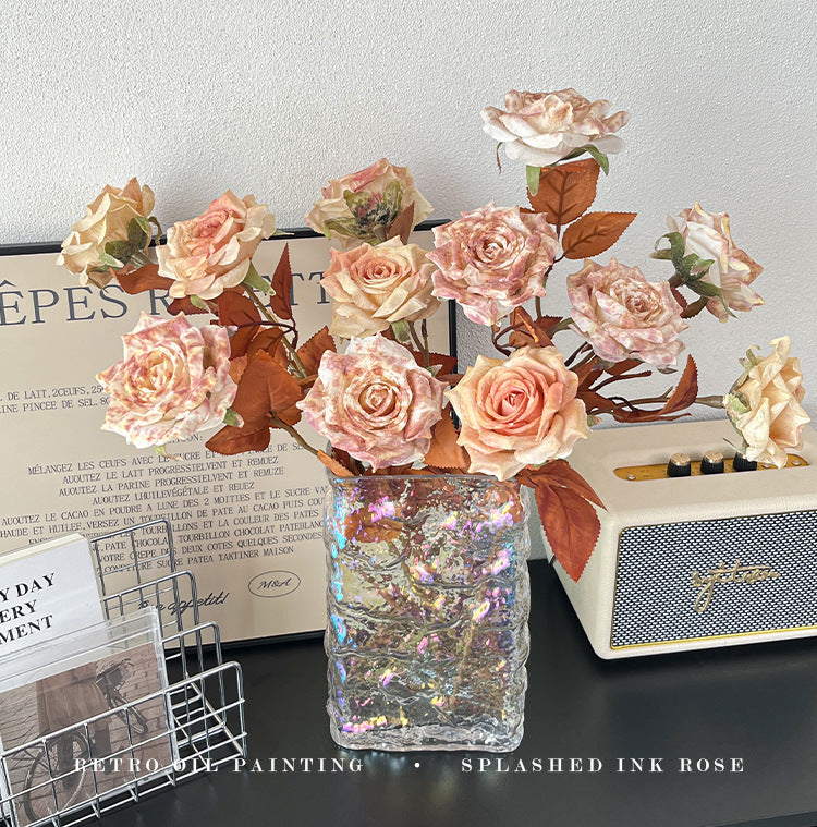 Vintage Melad Color Imitation Dry Ink Splatter 2-Head Rose Artificial Flower Bouquet