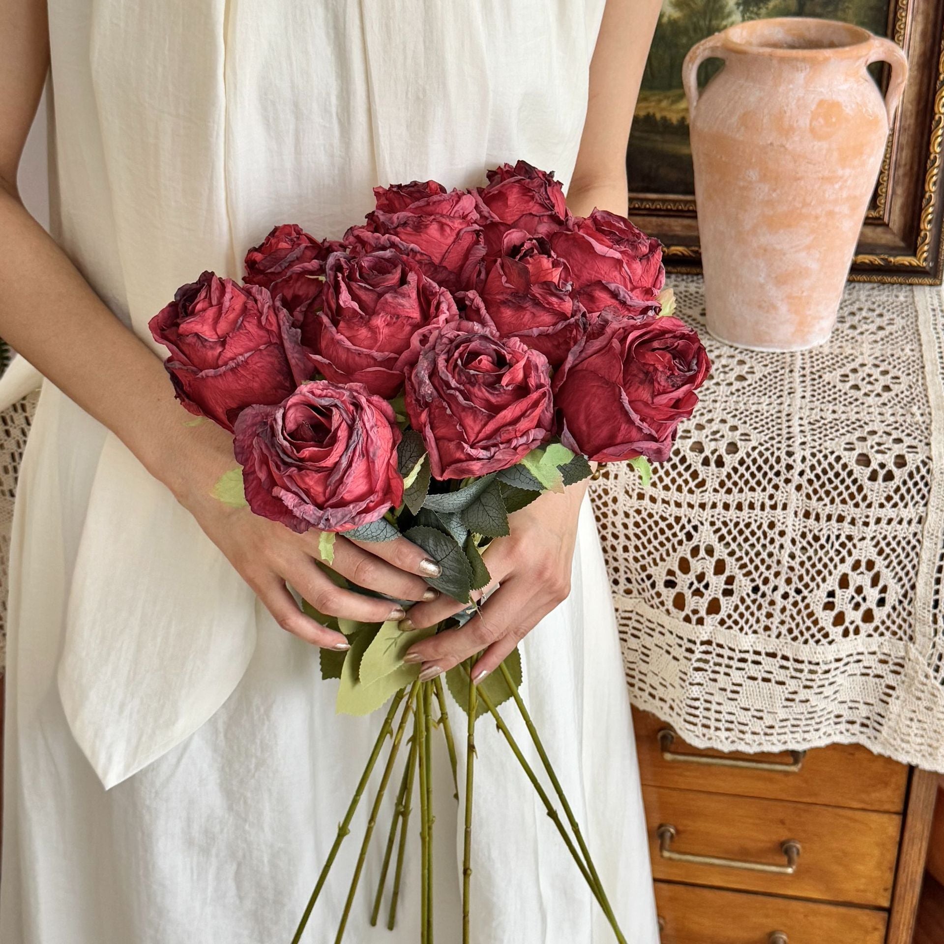 Simulated Burnt Edge Rose Vintage Rose