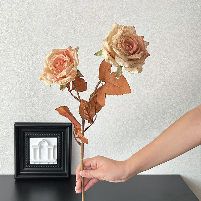 Vintage Melad Color Imitation Dry Ink Splatter 2-Head Rose Artificial Flower Bouquet