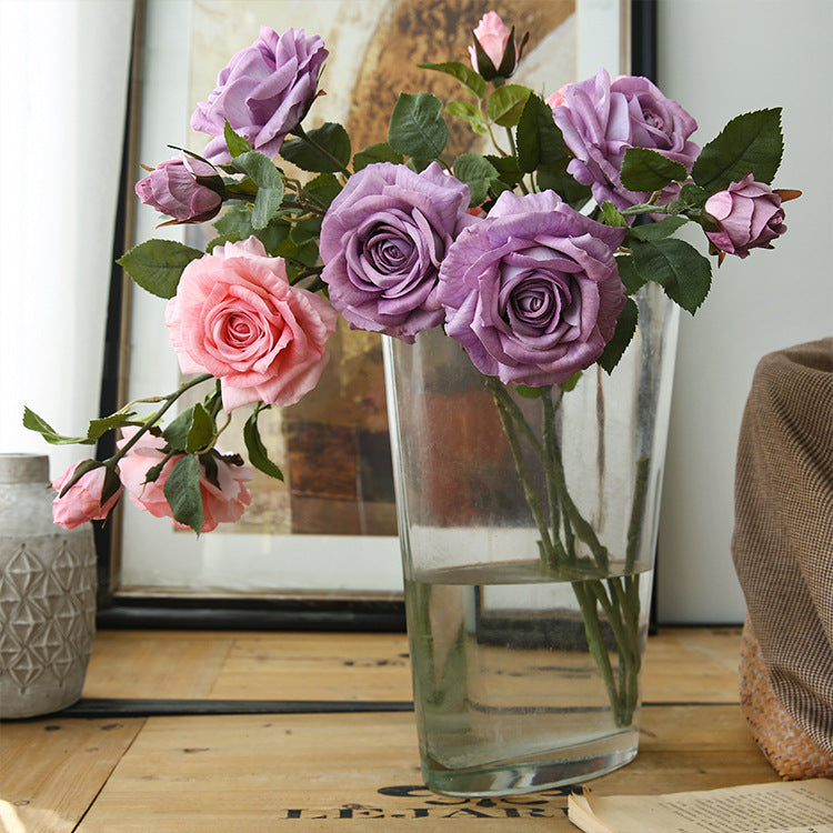 Artificial Flowers American Style 3-Head Printed Rose Home Decoration Fake Flower