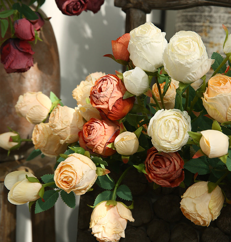 Five-Headed Burnt Edge Rose Vintage Artificial Flower Silk Flower Imitation Dried Flower