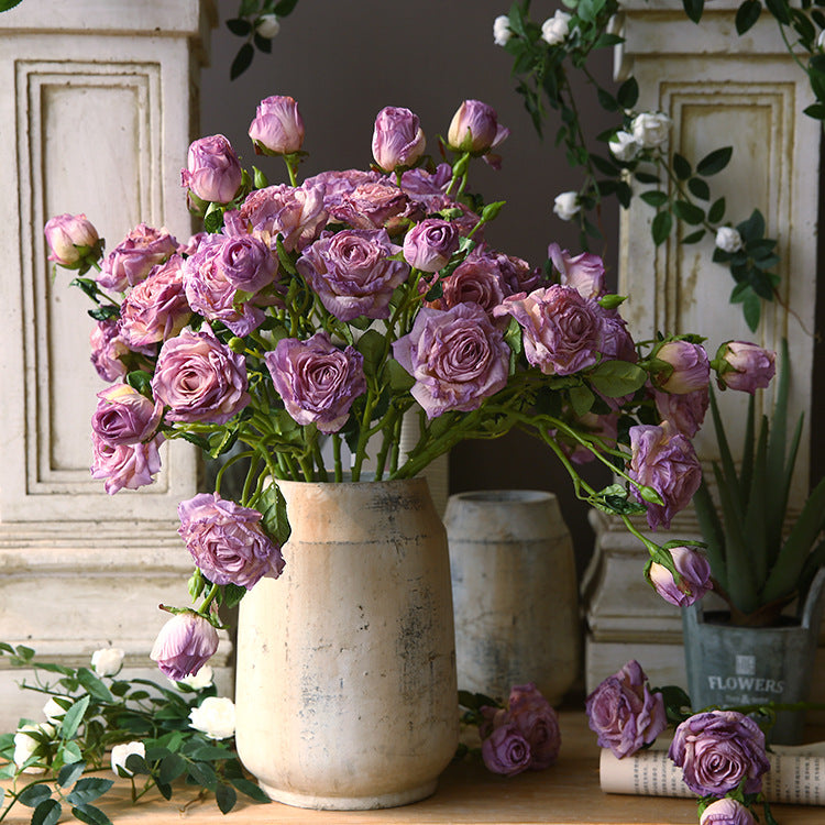 French Oil Painting Burnt Edge Artificial Rose Flower Vintage Room Dining Table Decoration