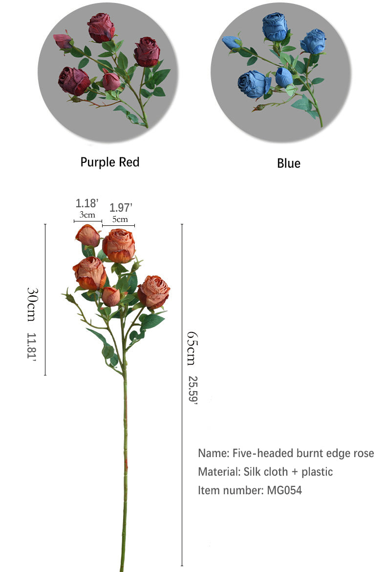 Five-Headed Burnt Edge Rose Vintage Artificial Flower Silk Flower Imitation Dried Flower
