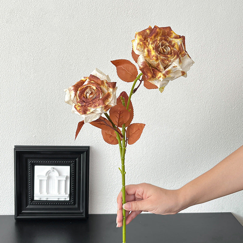 Vintage Melad Color Imitation Dry Ink Splatter 2-Head Rose Artificial Flower Bouquet