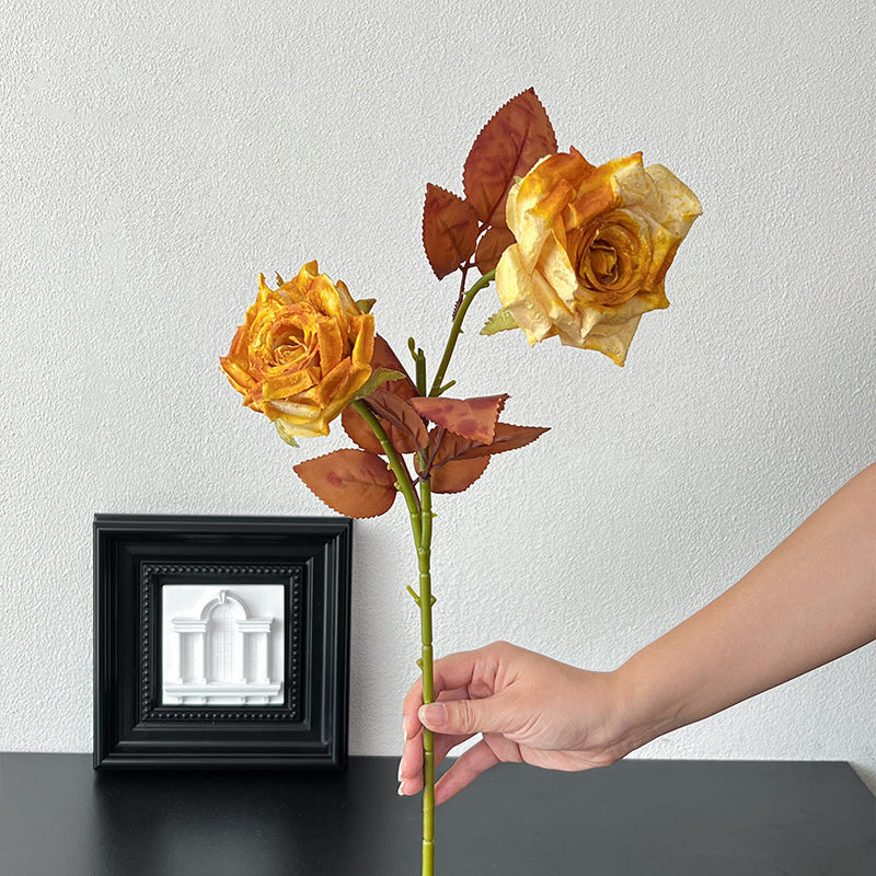 Vintage Melad Color Imitation Dry Ink Splatter 2-Head Rose Artificial Flower Bouquet