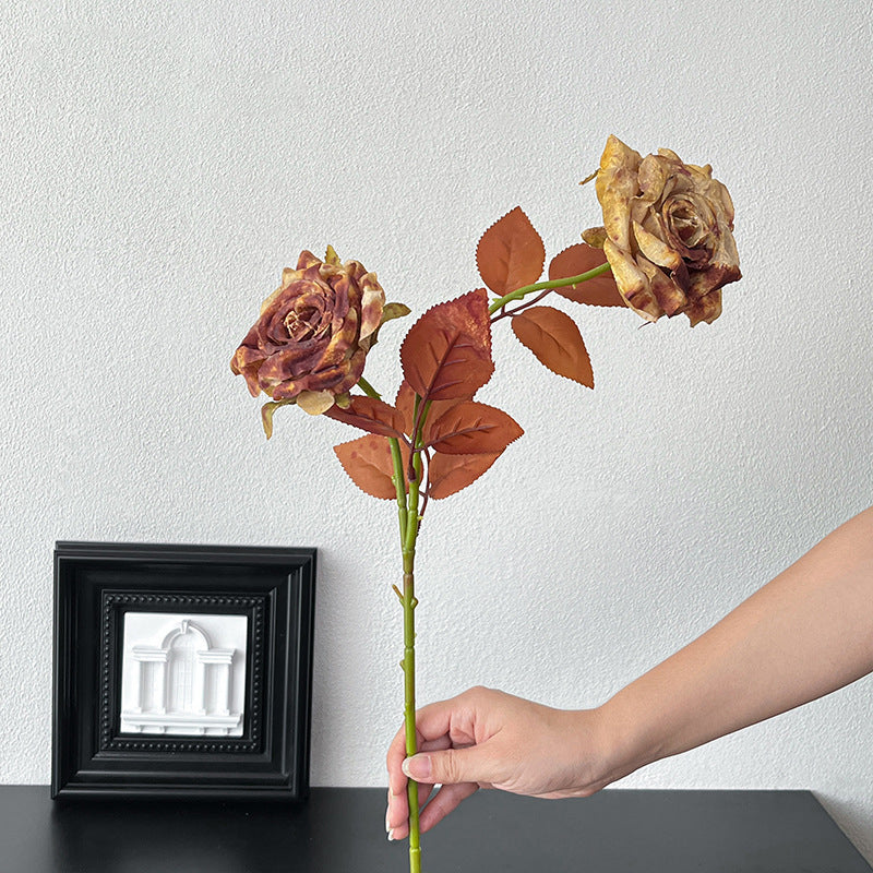 Vintage Melad Color Imitation Dry Ink Splatter 2-Head Rose Artificial Flower Bouquet