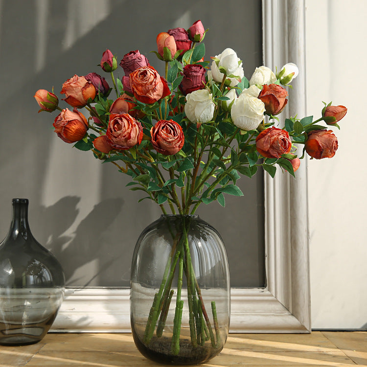 Five-Headed Burnt Edge Rose Vintage Artificial Flower Silk Flower Imitation Dried Flower