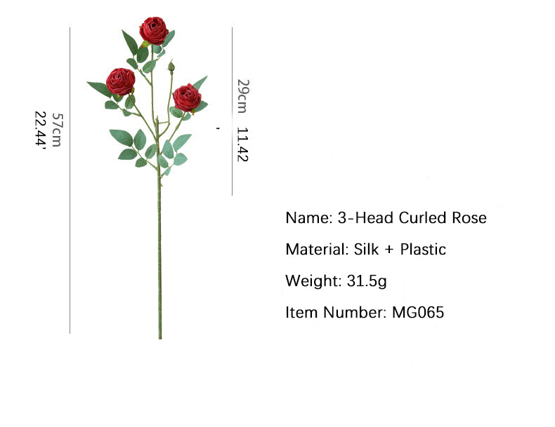 Vintage Style Artificial Flowers 3-Head Curled Rose