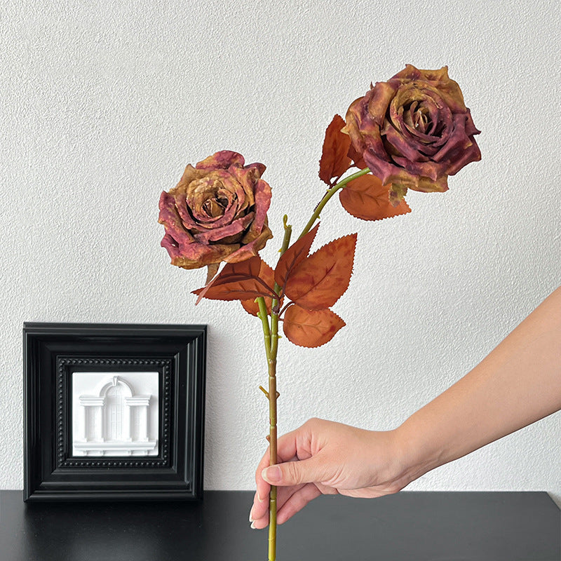 Vintage Melad Color Imitation Dry Ink Splatter 2-Head Rose Artificial Flower Bouquet