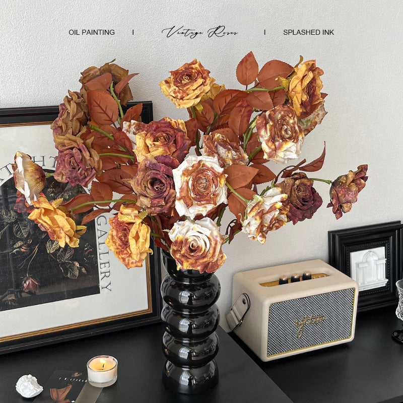 Vintage Melad Color Imitation Dry Ink Splatter 2-Head Rose Artificial Flower Bouquet